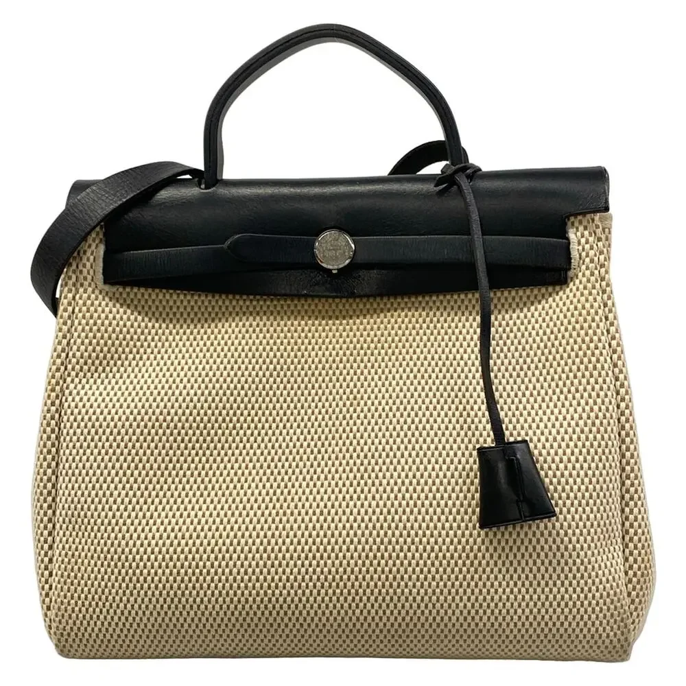 Hermès Herbag PM Handbag Cream Black Toile GM Leather
